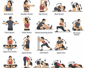 Tabella stampabile di stretching e mobilità | Poster di esercizi di flessibilità in PDF | Routine di stretching quotidiana | Decorazione murale per palestra di casa