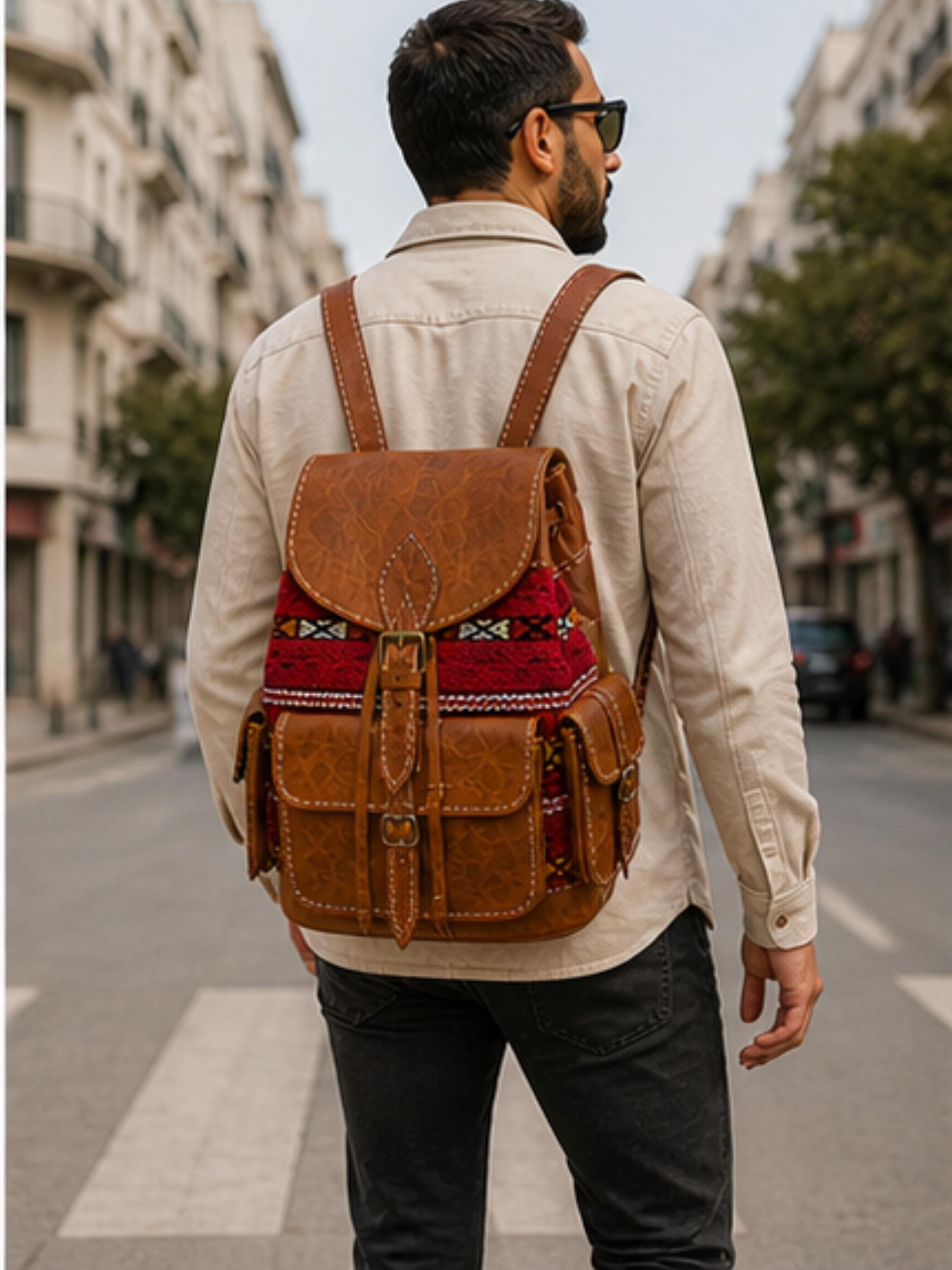 Vintage Leather Wool Kilim Drawstring Backpack Large Multi-Color Tooled Bag Boho Personalized Kilim Travel Bag, Carpet Leather Weekend Bag  main image 2