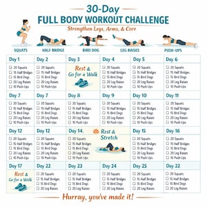 Peut inclure: Un tableau de défi d'entraînement complet du corps sur 30 jours, avec des exercices comme les squats, les levées de jambes et les pompes. Le tableau comprend des routines d'exercices quotidiens pour renforcer les jambes, les bras et les muscles centraux.