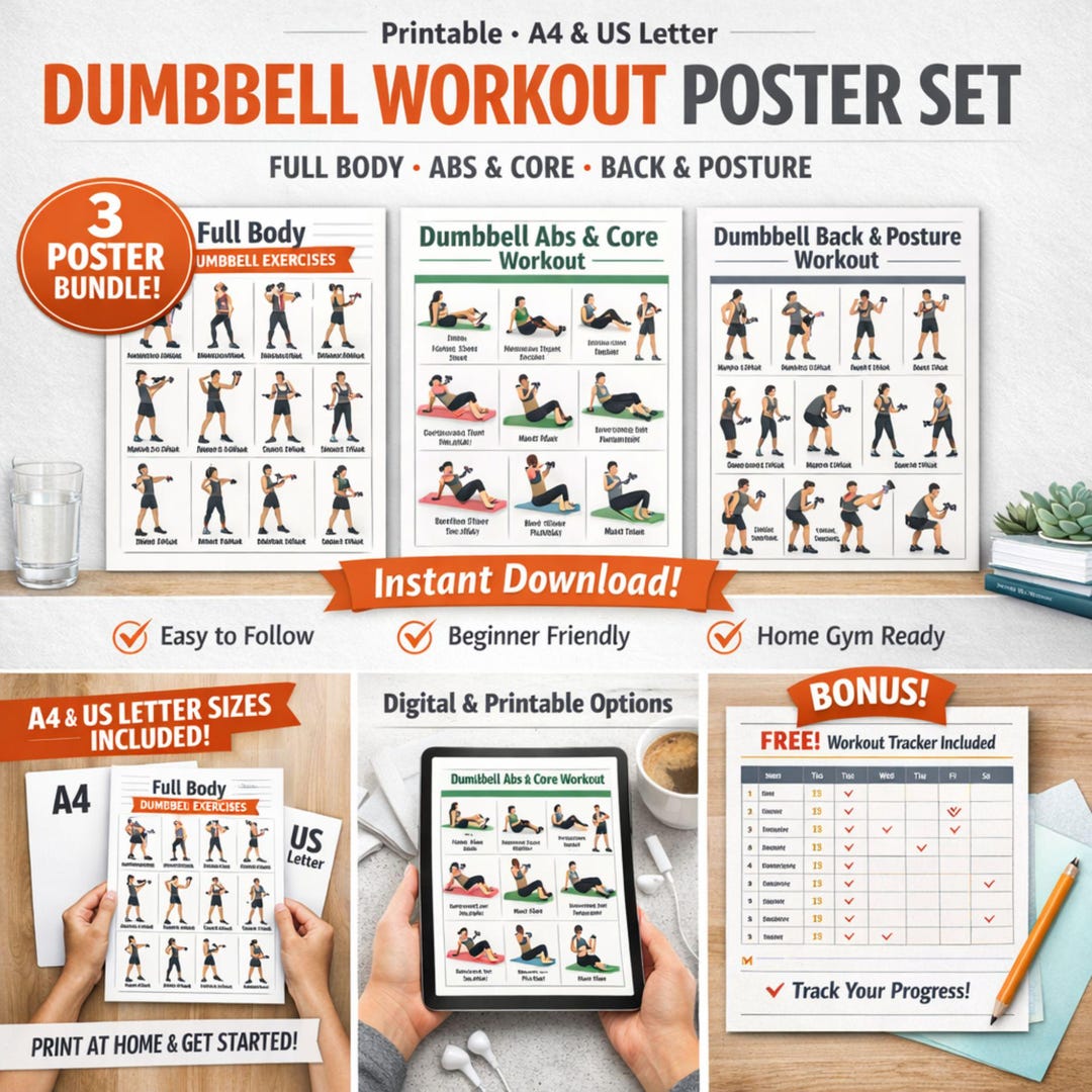 Dumbbell Exercises Poster PDF | Printable Home Workout Chart | Full ...