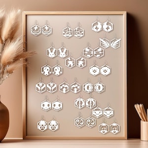 Lot de 18 boucles d&#39;oreilles Overwatch Ultimate Ability - fichier STL d&#39;impression 3D SVG découpé au laser - bijoux pour gamer cosplay DIY - cadeau unique pour les cosplayers