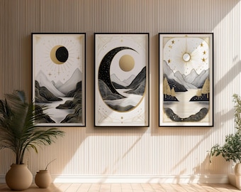 Zestaw wydruków Tarota Słońce Księżyc Gwiazda, niebiańskie czarne złoto, sztuka astrologii