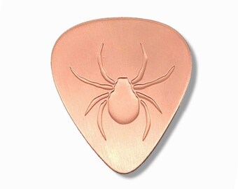 Copper Guitar Pick Hand Etched With a Spider Design