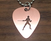 Fencing Pendant Necklace or Keychain Cut Guitar Pick, Copper or Brass, Choose Chain or Key Ring