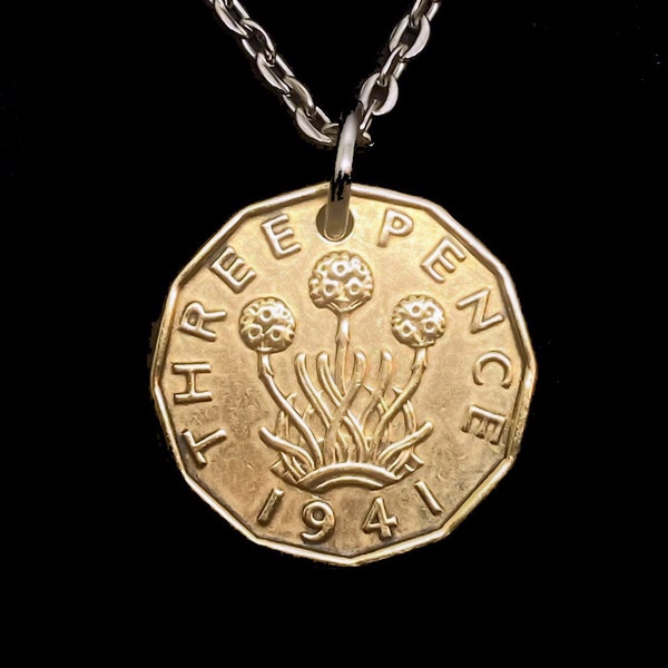 Great Britain UK 1941 Three Pence Coin Necklace or Key Ring, Choose From Chains or Keychain