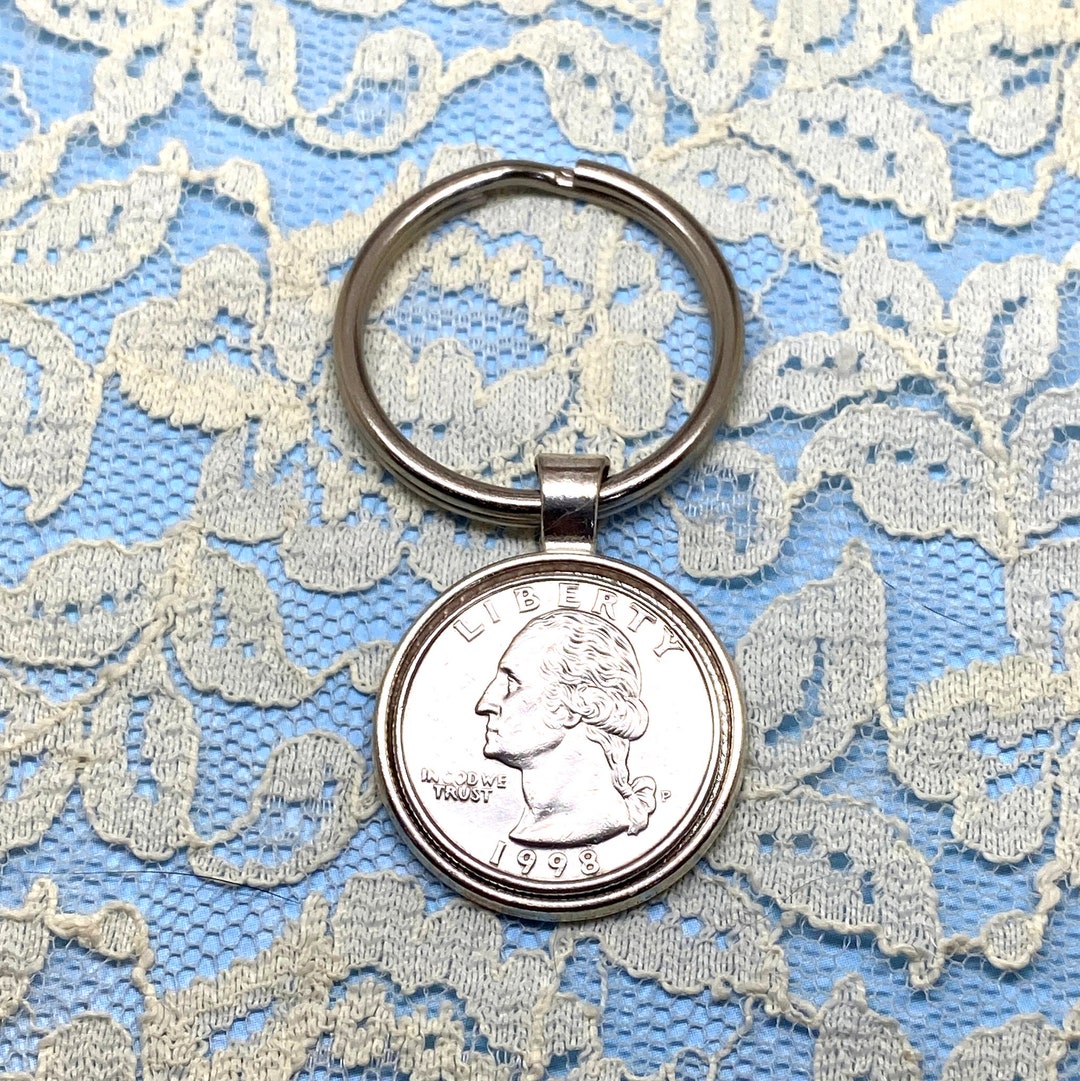 Coin Key Chain Keyring Birth Year With a Silver Toned Bezel Made From
