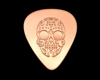 Copper Guitar Pick With Etched Sugar Skull Day of the Dead