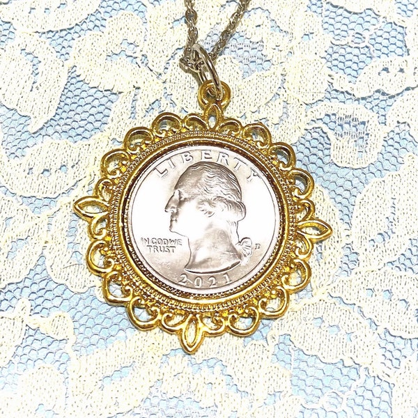 Birth Year Coin Necklace Made From Your Choice of US Quarter Dates Set in Cameo Style Bezel Birthday Christmas Gift Under 20