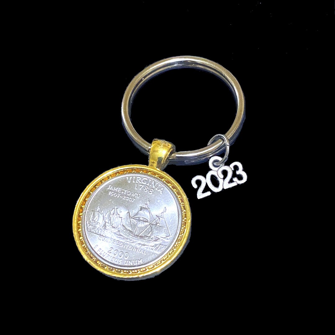 State Quarter Coin Keyring With 2023 Year and Gold Toned Bezel Choose