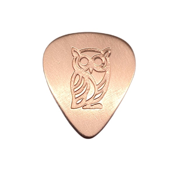 Copper Guitar Pick With an Etched Recessed Owl Medium Thick