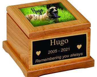 Pet Memorial Urn, with Custom Engraved Double Memorial Plate and Photo Tile  Solid Red Alder.  Holds up to 55 lb pet.  FREE SHIPPING
