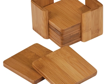 Bamboo Square 6-Coaster Set with Holder  3-3/4 x 3-3/4"