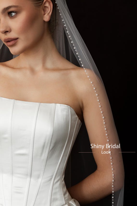 Pearl Beaded Wedding Veil – Ivory One-Tier Bridal Veil with Pearl Trim