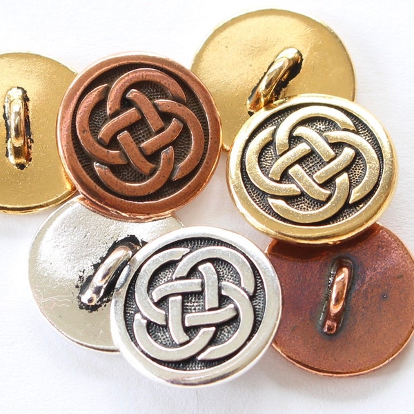 Celtic Buttons, TierraCast silver, gold & copper plated pewter, 16.35mm, 2x1mm shank, Irish knot love symbol, faith, eternity jewelry clasps