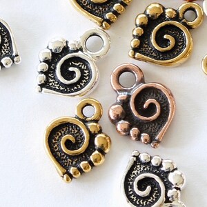 Spiral Heart Charms, TierraCast silver, gold, copper plated pewter, 12.75mm 2 sided reversible, love or wedding symbol, small sweet pendants