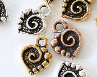 Spiral Heart Charms, TierraCast silver, gold, copper plated pewter, 12.75mm 2 sided reversible, love or wedding symbol, small sweet pendants