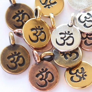 Om Charms, TierraCast silver, gold, copper, brass plated pewter, 16.6mm ohm pendants, 2.6mm eyelet, calm meditation yoga symbols, aum mantra