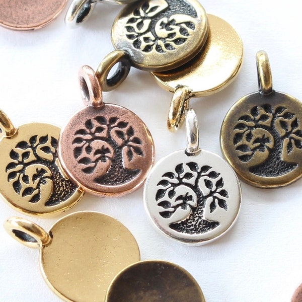 Tree of Life Charms, TierraCast Silver, Gold, Copper, Brass pewter, cute bird on tree small pendant, albero della vita, Bodhi or family tree