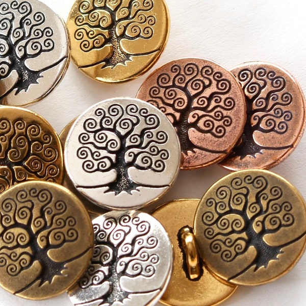 Tree of Life Buttons, TierraCast silver, gold, copper, brass plate pewter, Bodhi trees for jewelry hooks, knitting, sewing, 15.6mm 2mm shank