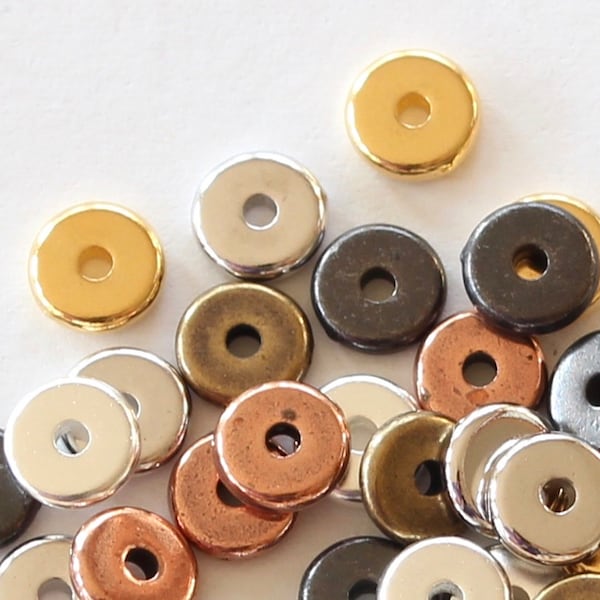 6mm Spacer Beads, TierraCast washer disks, silver, gold, copper, black, brass, white bronze plated pewter, heishi metal washers, 1.25mm hole