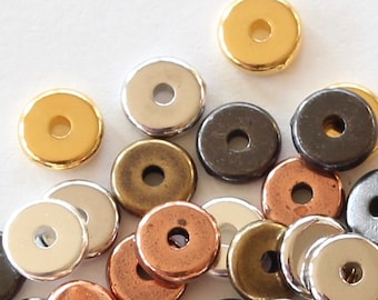 6mm Spacer Beads, TierraCast washer disks, silver, gold, copper, black, brass, white bronze plated pewter, heishi metal washers, 1.25mm hole