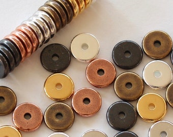 7mm Heishi Discs TierraCast silver, gold, copper, black, brass, white bronze plated pewter, 1.5mm hole, 1.8mm thick metal spacer washer bead