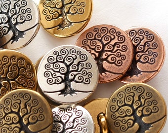 Tree of Life Buttons, TierraCast silver, gold, copper, brass plate pewter, Bodhi trees for jewelry hooks, knitting, sewing, 15.6mm 2mm shank