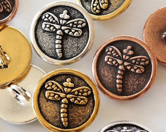 Dragonfly Buttons, TierraCast silver, gold, copper plated pewter, unique bracelet + necklace clasps, 17mm, 2mm shank, insect, bug dragon fly