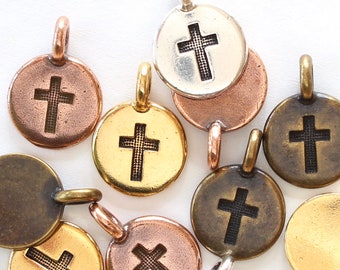 Cross Charms, TierraCast silver, gold, copper & brass, modern Christian charms, crucifix, small religious faith pendant, 2.6mm loop