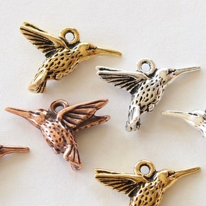 Hummingbird Charms, TierraCast silver, gold, copper plated pewter, cute DIY jewelry, 14.25mm humming bird, 1.25mm hole image 8