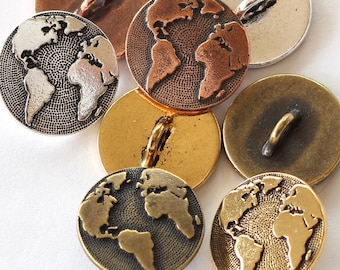 Maps Buttons, TierraCast silver, gold, copper & brass plated pewter, earth world buttons, travel buttons, globe buttons for clothes, jewelry