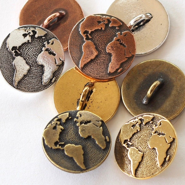 Maps Buttons, TierraCast silver, gold, copper & brass plated pewter, earth world buttons, travel buttons, globe buttons for clothes, jewelry