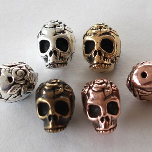 Sugar Skull Beads, TierraCast silver, gold, copper & brass plated pewter, Rose Skull, Day of the Dead, Dia de los Muertos 10.25mm, 1mm hole