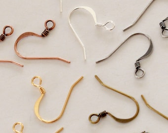 72 Pairs Hammered Coil Ear Wires, silver, copper + black platings, small 18mm, 22 gauge