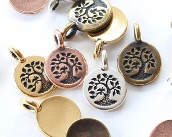 Tree of Life Charms, TierraCast Silver, Gold, Copper, Brass pewter, cute bird on tree small pendant, albero della vita, Bodhi or family tree