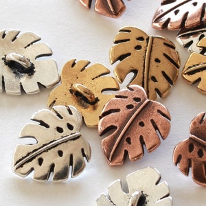Monstera Buttons, TierraCast silver, gold & copper plated pewter, 15.2mm tropical leaf, for sewing, leather bracelets + jewelry, 2mm shank