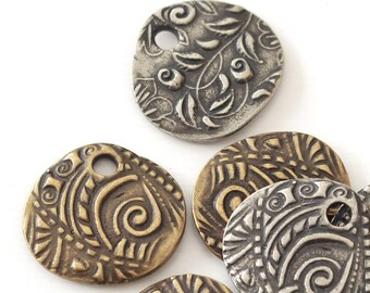 Floral Jardin Charms, TierraCast brass plated & antiqued natural pewter, 15mm 2-sided flower + swirl design, 2mm hole, abstract and Bohemian