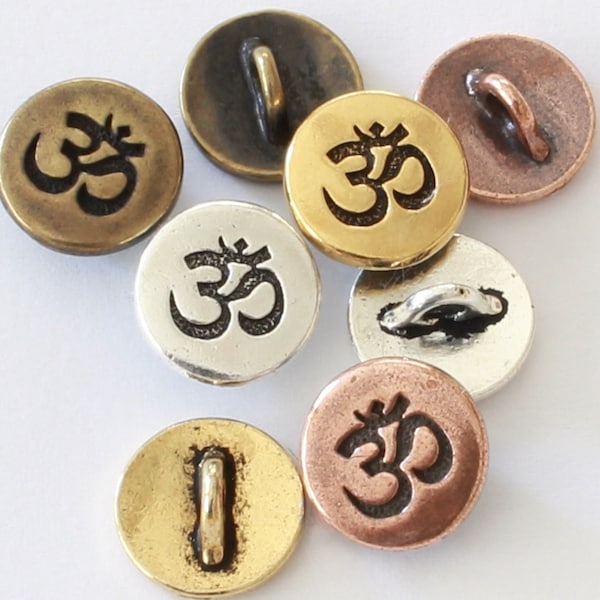 Small Om Buttons, TierraCast silver, copper, brass & gold plated pewter, 12mm, 2.25mm shank, jewelry parts + unique clasps for meditation