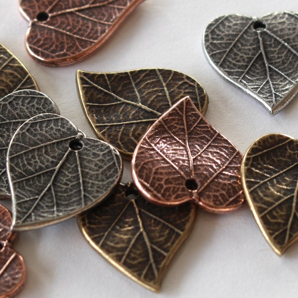 Heart Leaf Charms, TierraCast pewter, copper, brass plated pewter, for jewelry making: necklaces, pendant, bracelets, botanical art earrings
