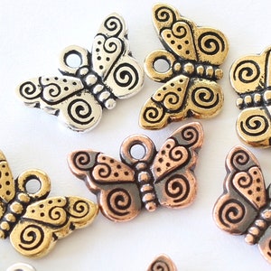 Spiral Butterfly Charms, TierraCast silver, gold & copper plated pewter, 2-sided cute nature insect pendants, DIY gardener gifts or earrings