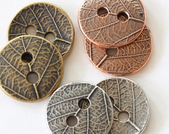 Leaf Buttons, TierraCast plated pewter copper, brass & natural, 17.25mm 2-sided round leaves for earrings, bracelets, necklaces + clothing