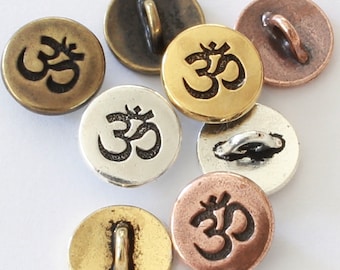 Small Om Buttons, TierraCast silver, copper, brass & gold plated pewter, 12mm, 2.25mm shank, jewelry parts + unique clasps for meditation