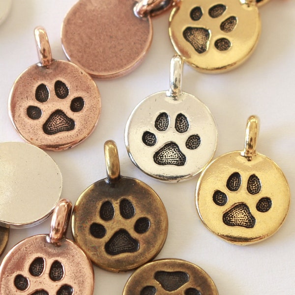 Paw Print Charms, TierraCast silver, gold, copper, brass plated pewter, cute animal pendants, cat + dog paws, 16.6mm w/2.6mm bail, dog charm