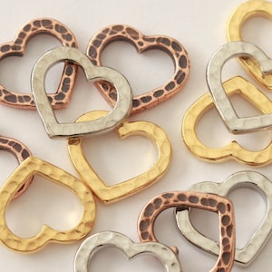 Hammertone Heart Links, TierraCast white bronze, gold & copper plated pewter, 12x14mm washers, 2-sided jewelry love charms or small pendants