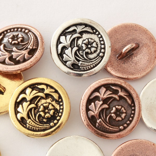 Czech Flower Buttons, TierraCast silver, gold, copper plated pewter, 17mm, 2mm shank, floral buttons for knitting, clothes + bracelet clasps