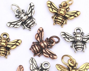 Honeybee Charms, optional jump rings, TierraCast silver, gold & copper plated pewter, small insect pendants, for beekeeper gifts + earrings