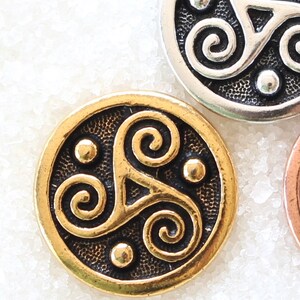 Gold Triskele Buttons, TierraCast plated pewter, 16mm, for clothes + jewelry making