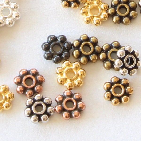 4mm TierraCast Daisy Spacer Beads, 4 mm Heishi spacers, silver, gold, copper, black & brass, antiqued + bright, 3D beaded details, 1mm hole