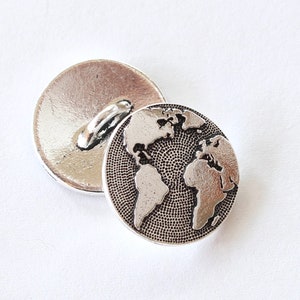 Maps Buttons, TierraCast silver, gold, copper & brass plated pewter, earth world buttons, travel buttons, globe buttons for clothes, jewelry Silver
