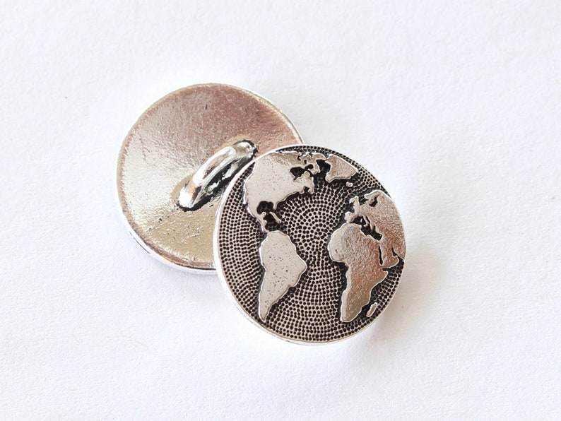 Maps Buttons, TierraCast silver, gold, copper & brass plated pewter, earth world buttons, travel buttons, globe buttons for clothes, jewelry Silver